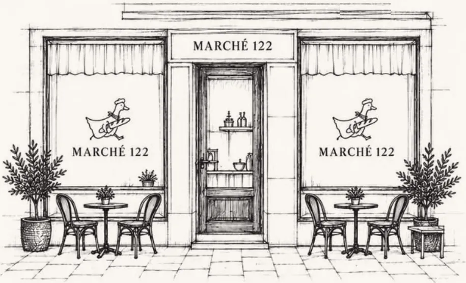 Tegning af facaden på Marché 122, med gåsen i vinduerne og caféborde på fortovet
